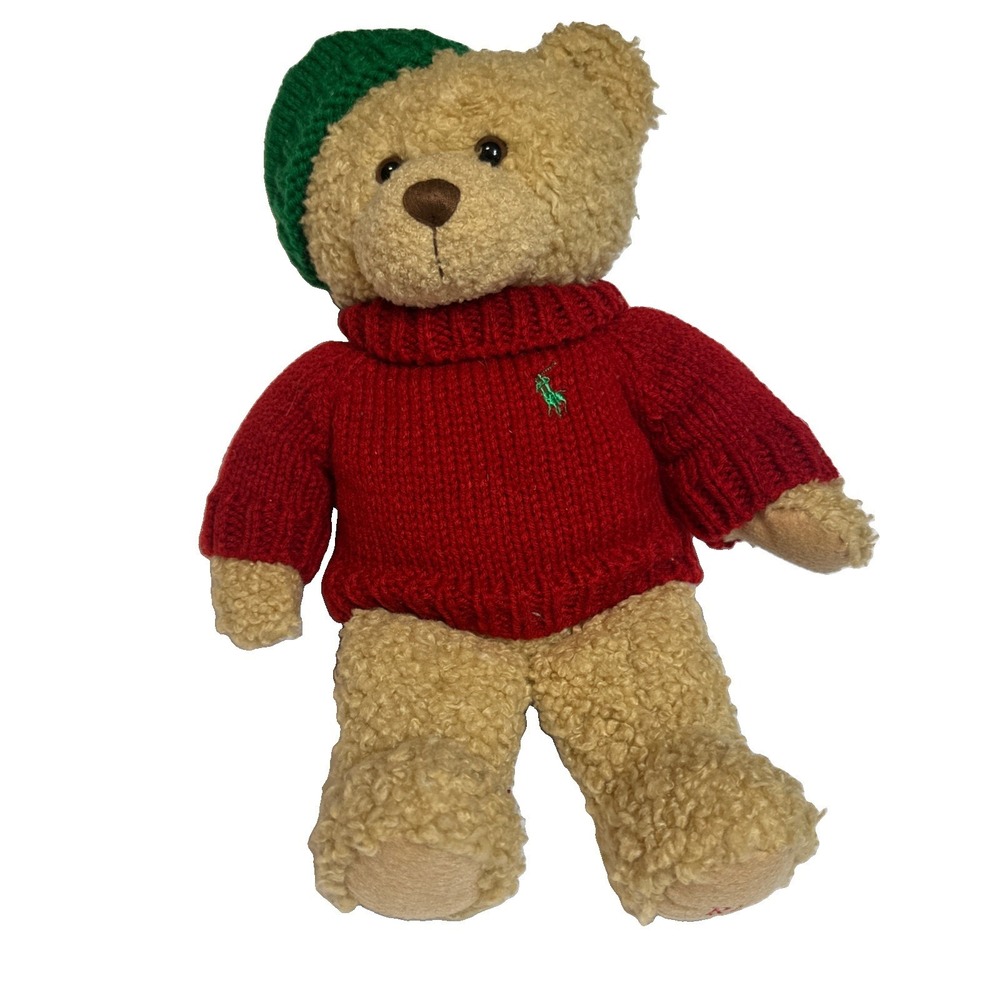 Vintage Polo Ralph Lauren Teddy Bear Brown Plush 2006 Red Green Knit Sweater